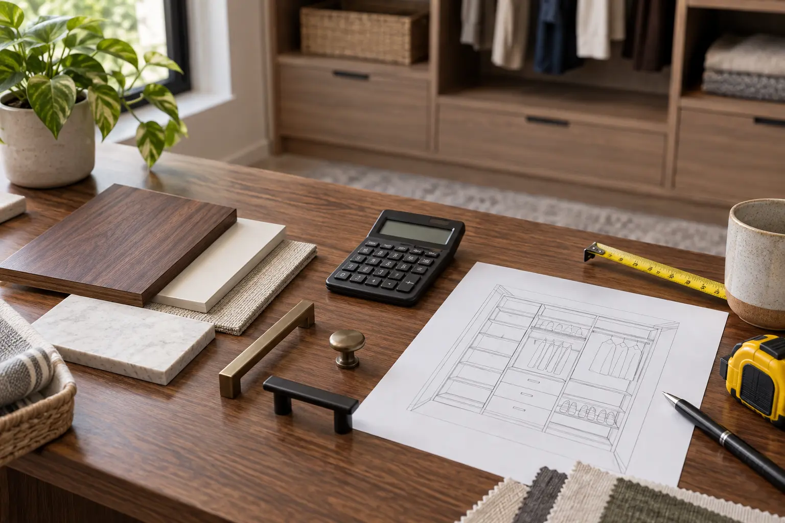 Closet finish boards, hardware, calculator and measured plan on a walnut table