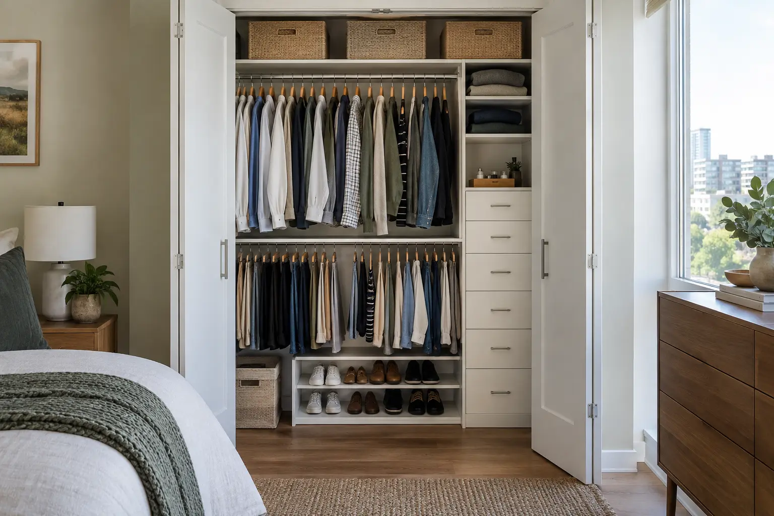 Small reach-in closet using double hanging, shelves and a narrow drawer tower