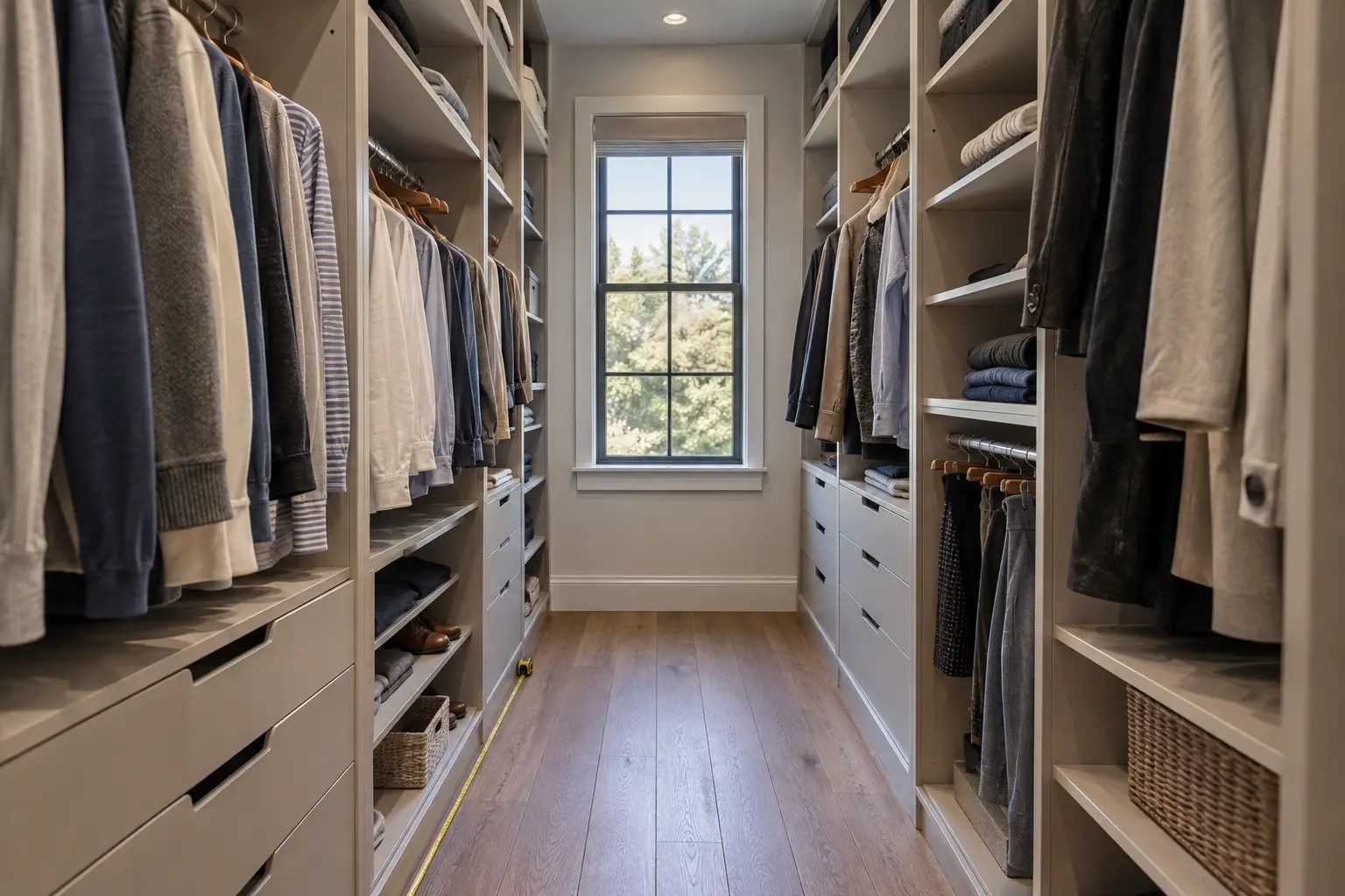 Clear central aisle between storage walls in a compact walk-in closet