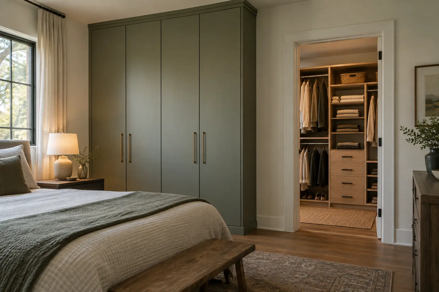 Bedroom with an enclosed built-in wardrobe and an open fitted closet visible nearby