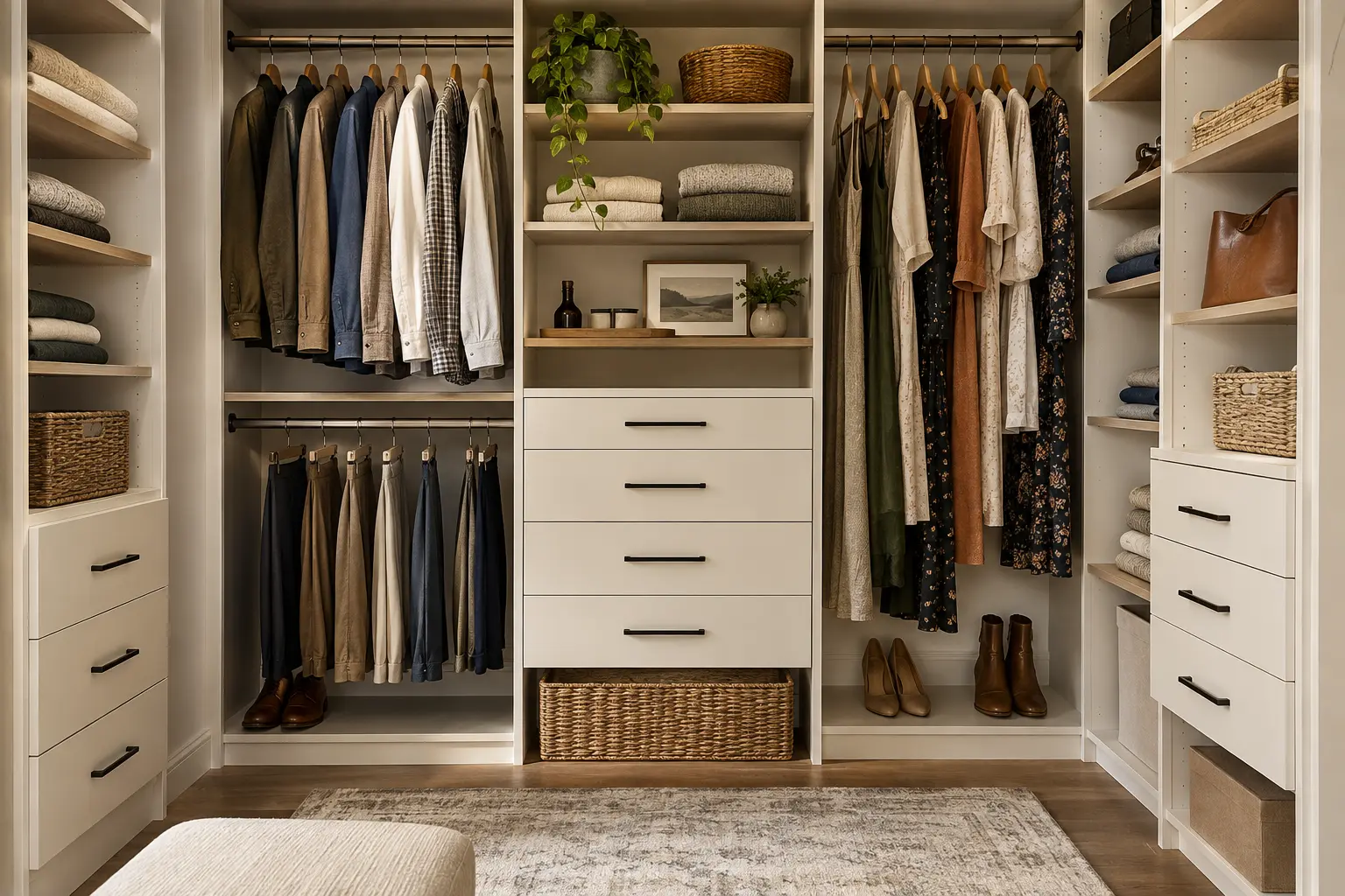 Open closet organizer with balanced hanging, drawers, shelves and baskets