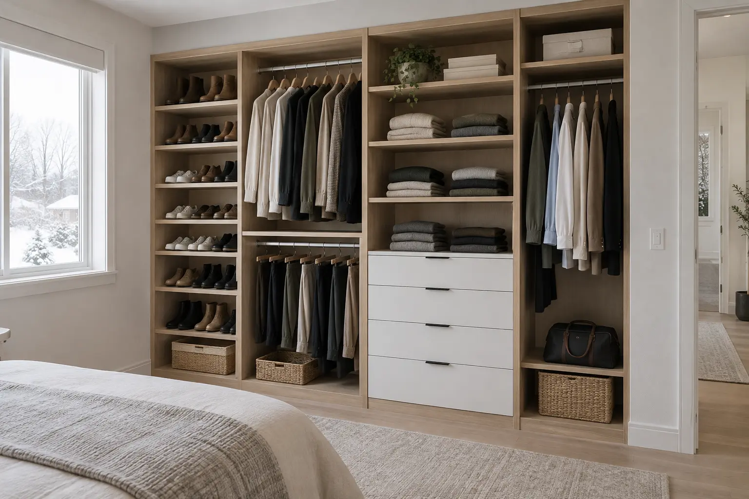 Custom closet wall with hanging areas, drawers and open shelving in a bright bedroom