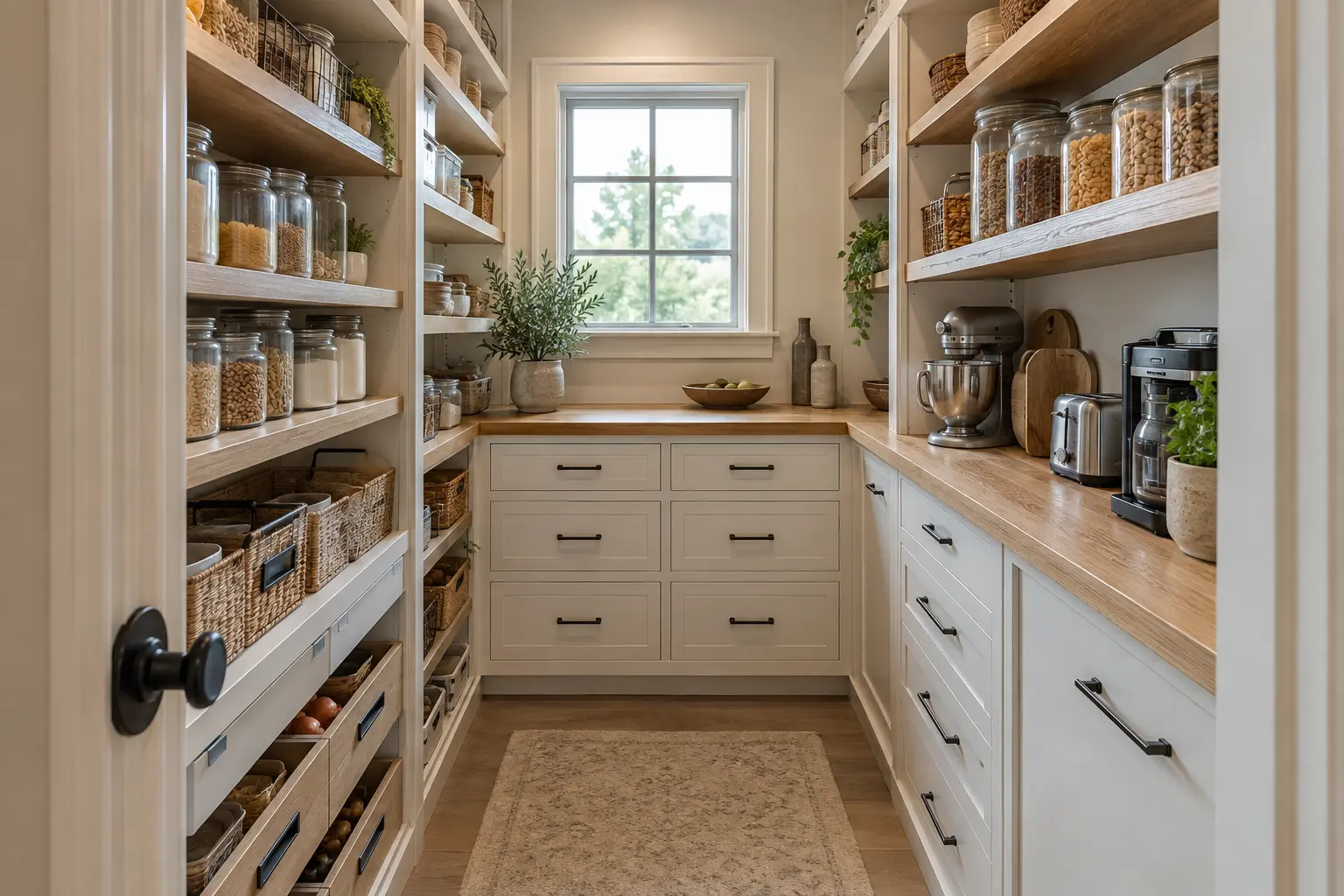 Walk-in pantry with oak shelves, drawers, jars and a small appliance counter