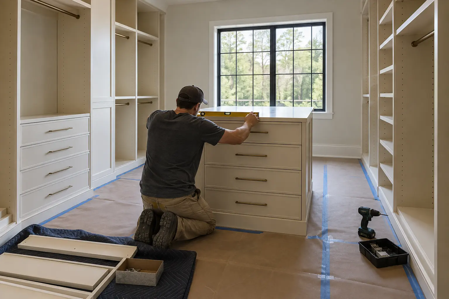 Cabinet installer carefully levelling a drawer unit in a bright dressing room