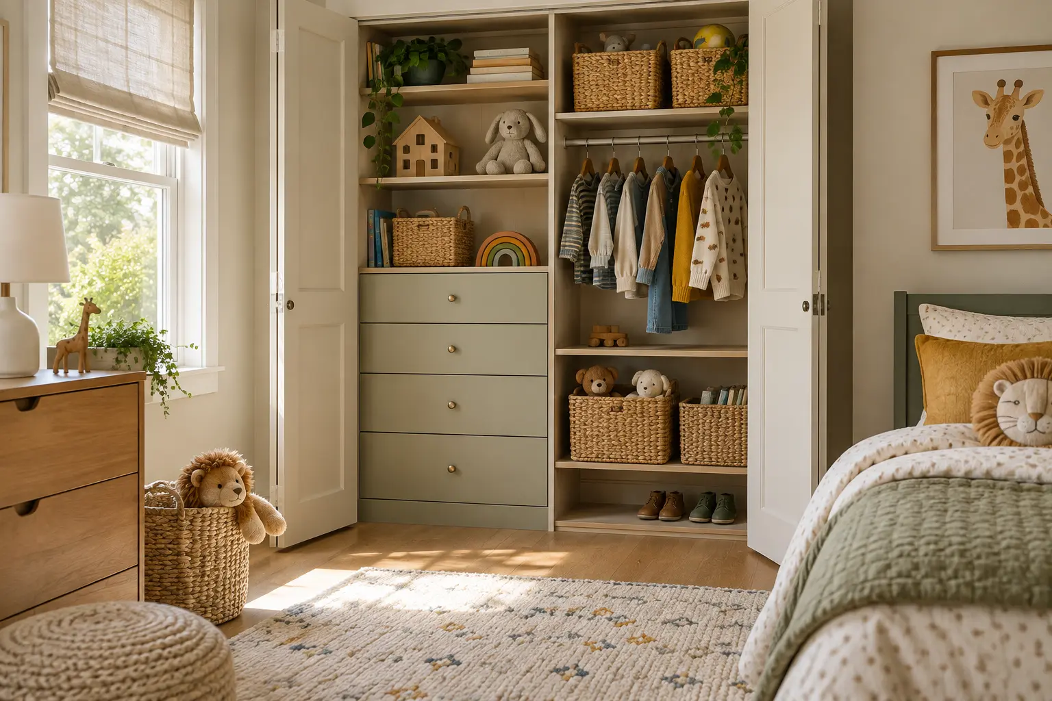 Child bedroom reach-in with low hanging, oak shelves, drawers and baskets