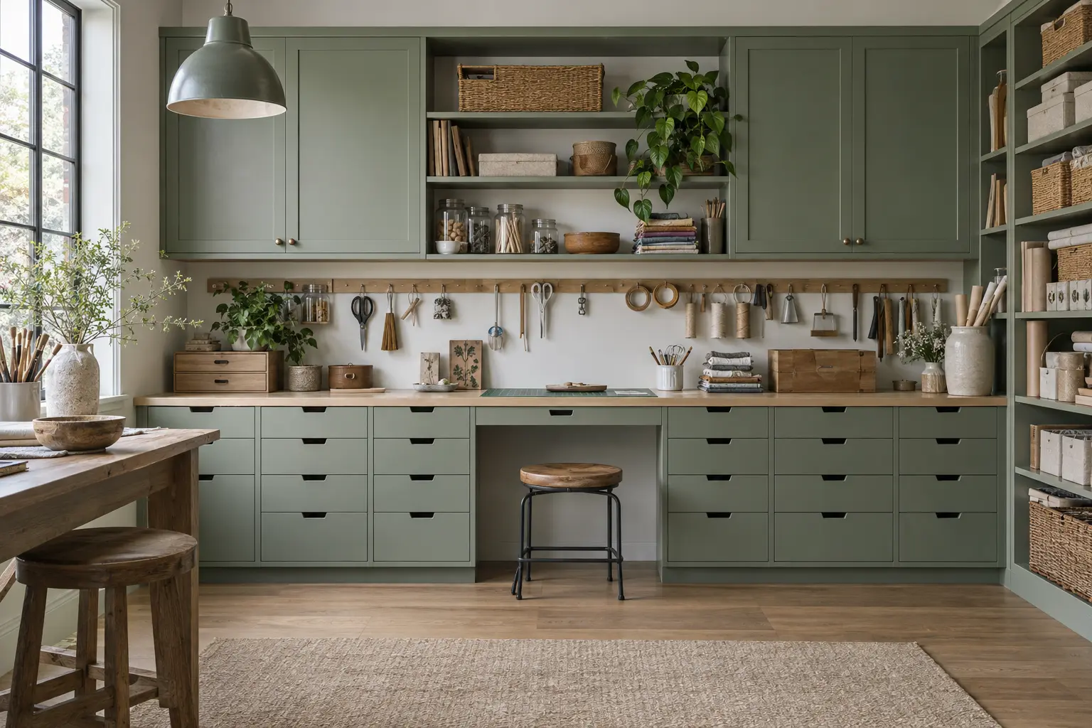 Sage craft room cabinetry with a long work surface and organized drawers