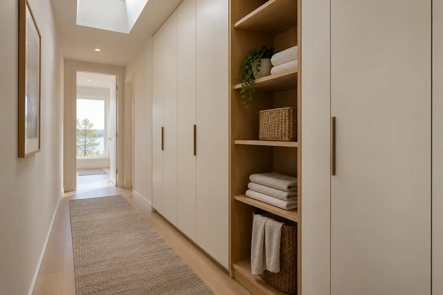 Warm white hallway linen cabinet with an open oak niche