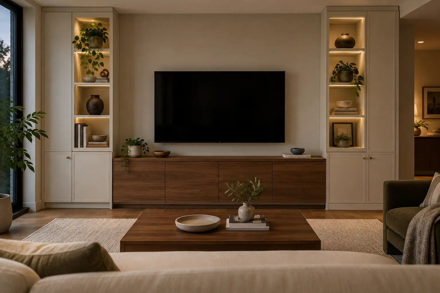 Living room media wall with walnut base cabinets and ivory display storage