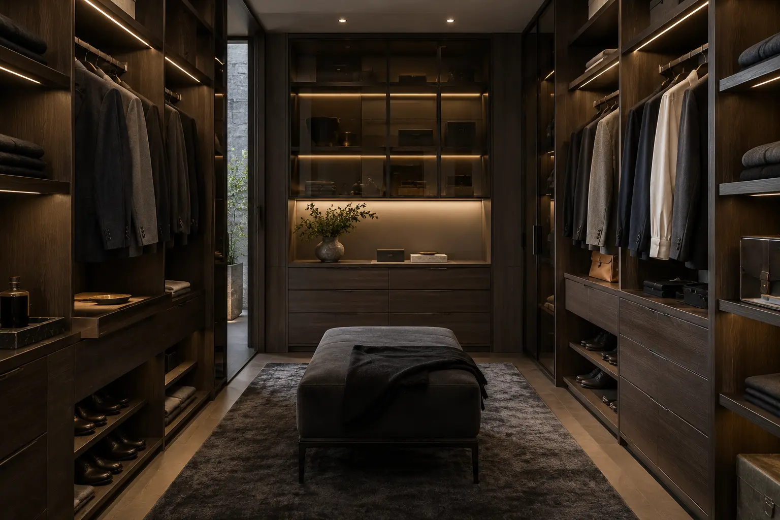 Dark walnut walk-in dressing room with open hanging and a clear aisle