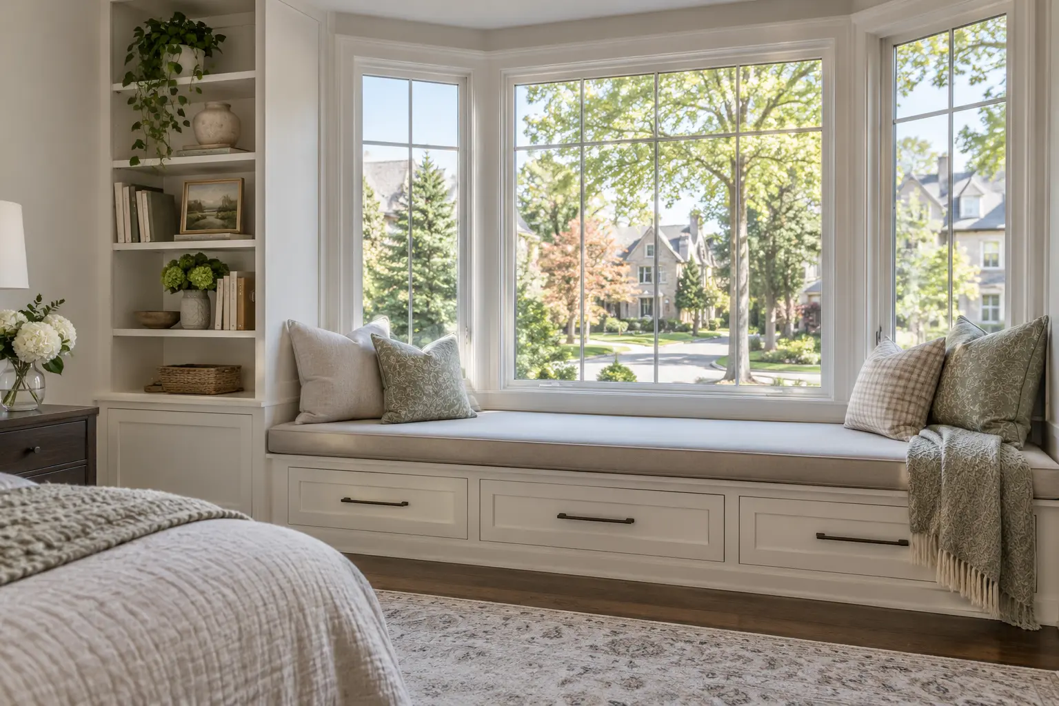 Bedroom window seat with deep drawers and a side bookcase
