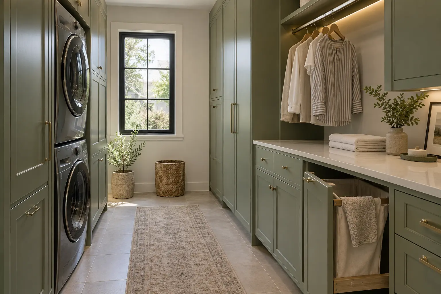Narrow laundry room with stacked machines, sage cabinets, hanging rail and folding counter
