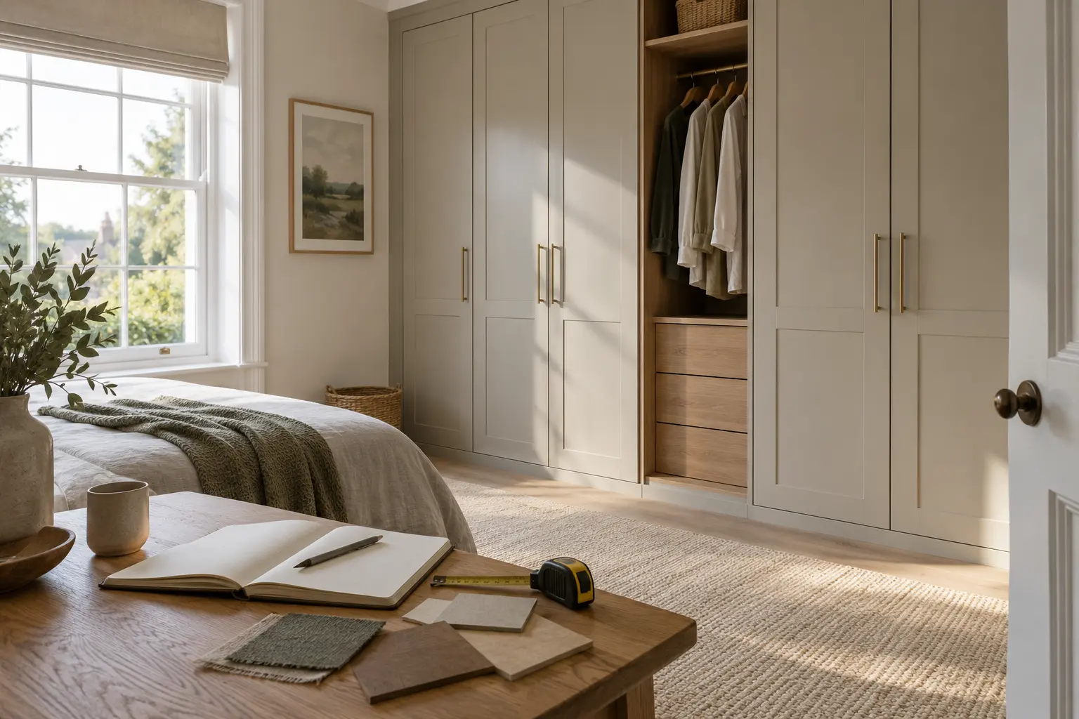 Finish swatches and measuring tape in a bedroom with a newly fitted wardrobe