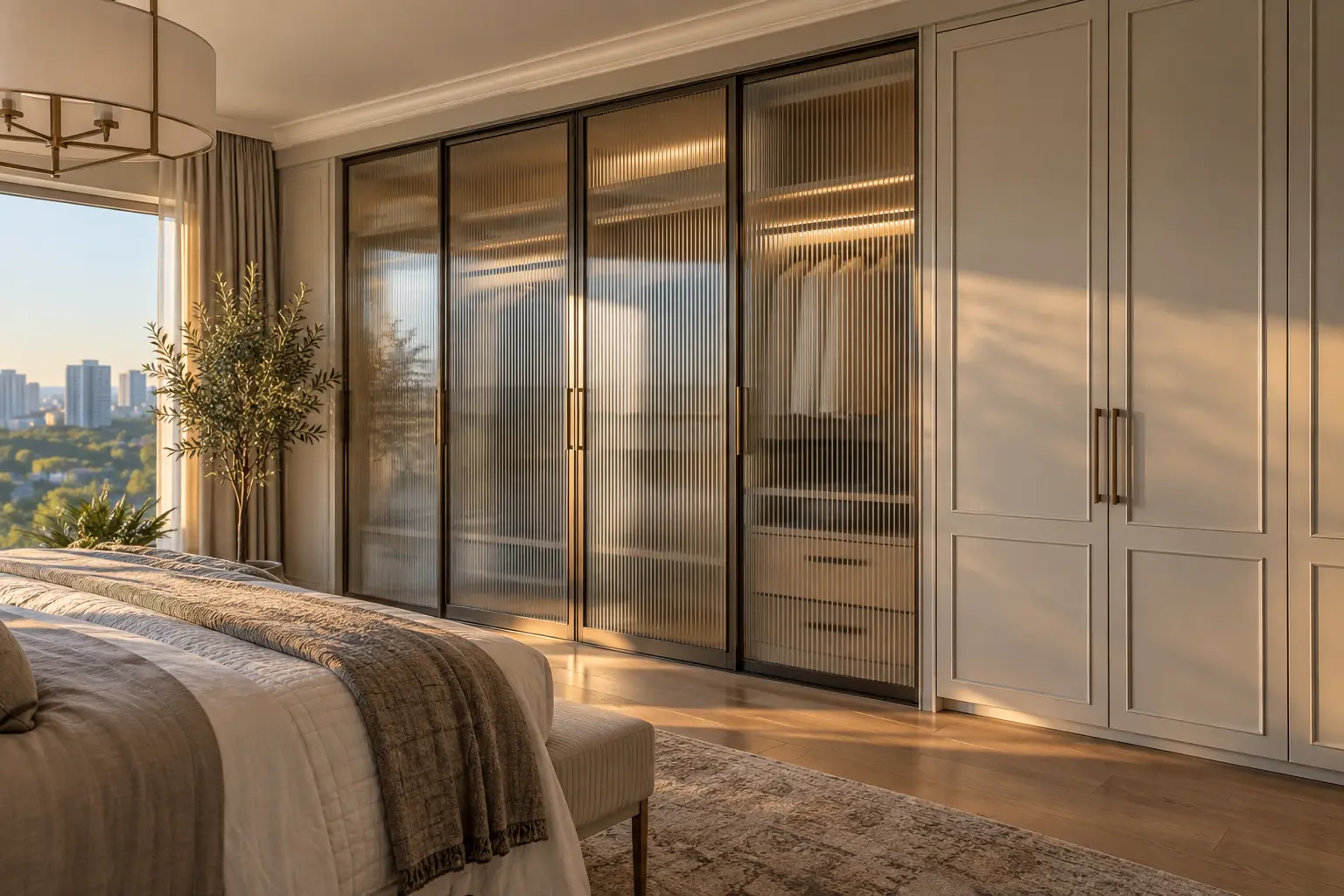 Floor-to-ceiling closet doors with slim dark frames and translucent glass panels