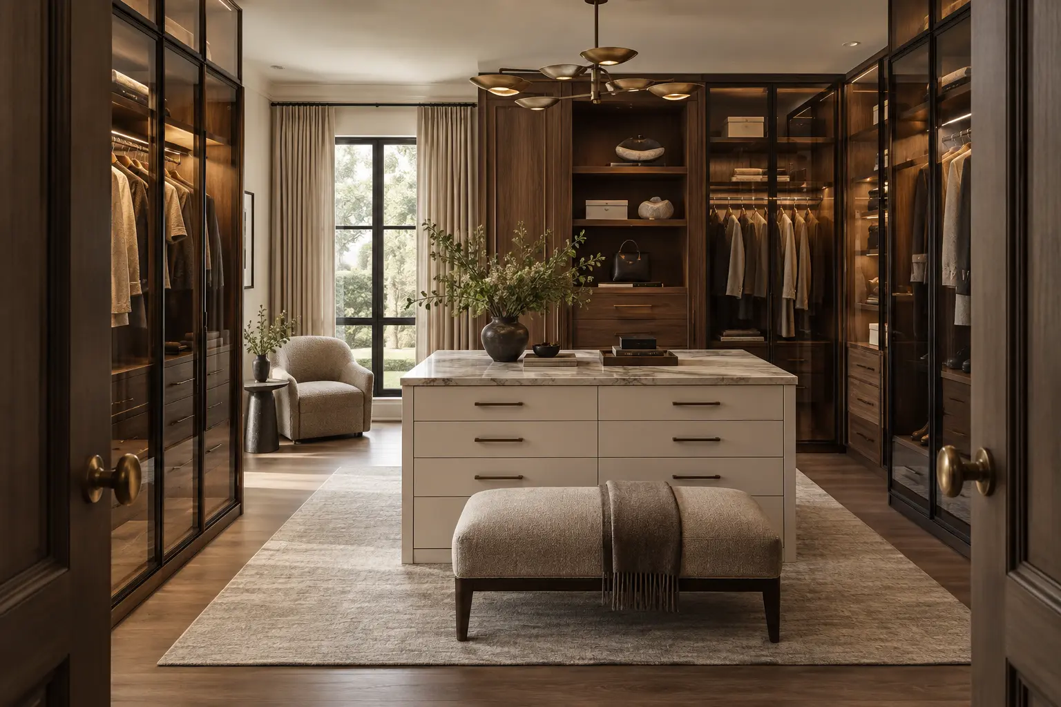 Walnut and glass dressing room with a centre island and bench