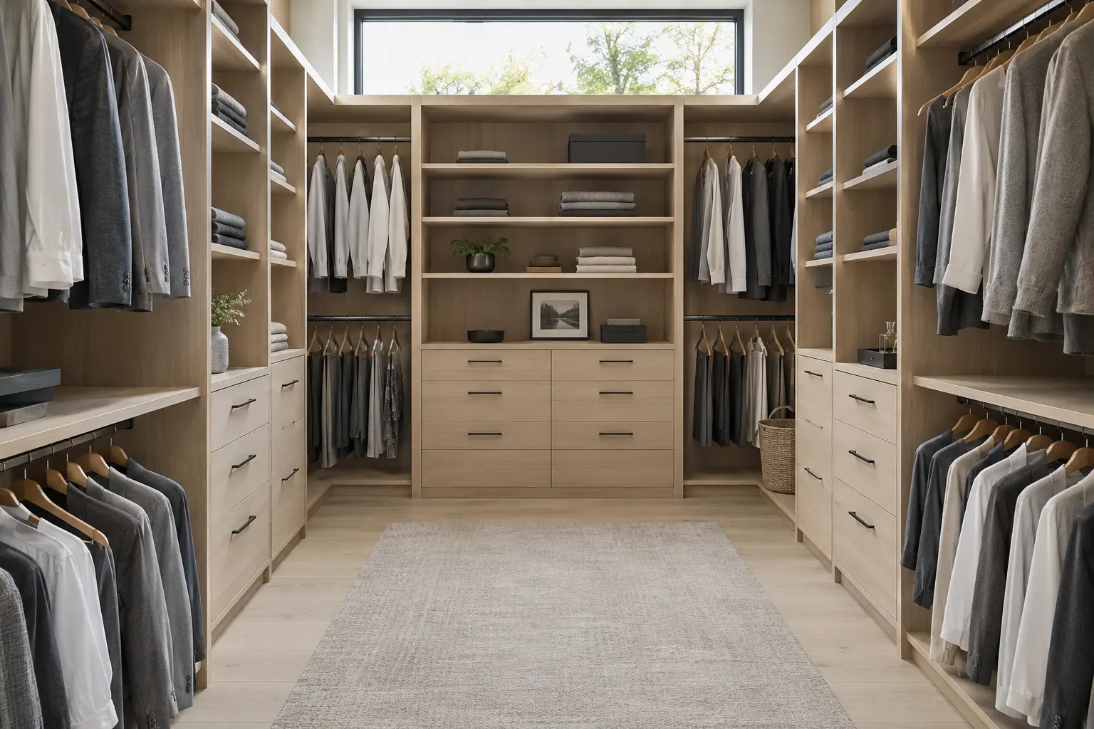 Walk-in closet with a clear central aisle and storage on three walls